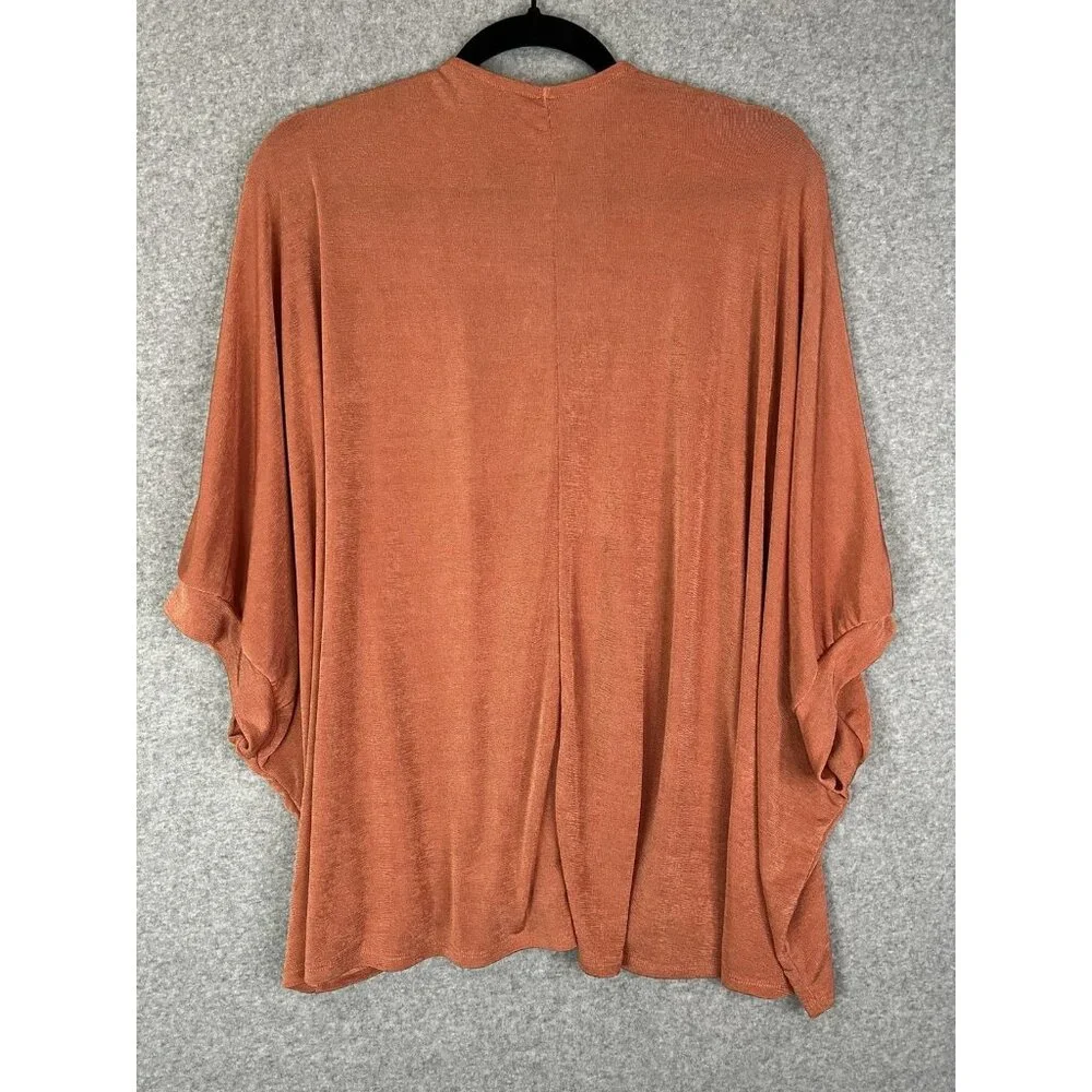 Womens V-neck Orange Slinky Knit Tunic Oversized, Hi-Low Hem, Dolman Sleeves - Picture 7 of 9
